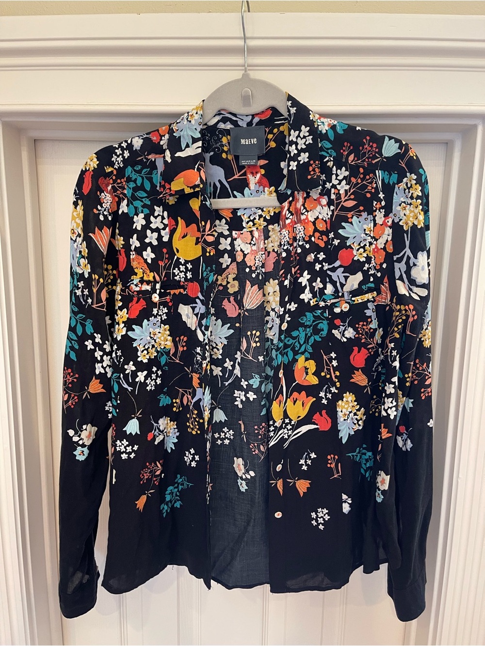 Maeve Black Woodland Creatures Button-Down Blouse with Multicolor Print